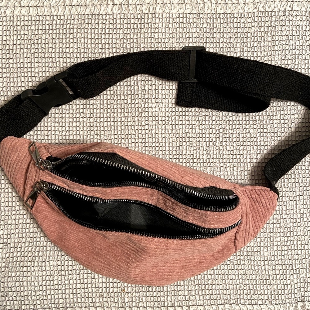 🟩🪷Women's Pink Double Zip Front Pockets Corduroy Adjustable Strap Fanny Pack - Picture 4 of 5